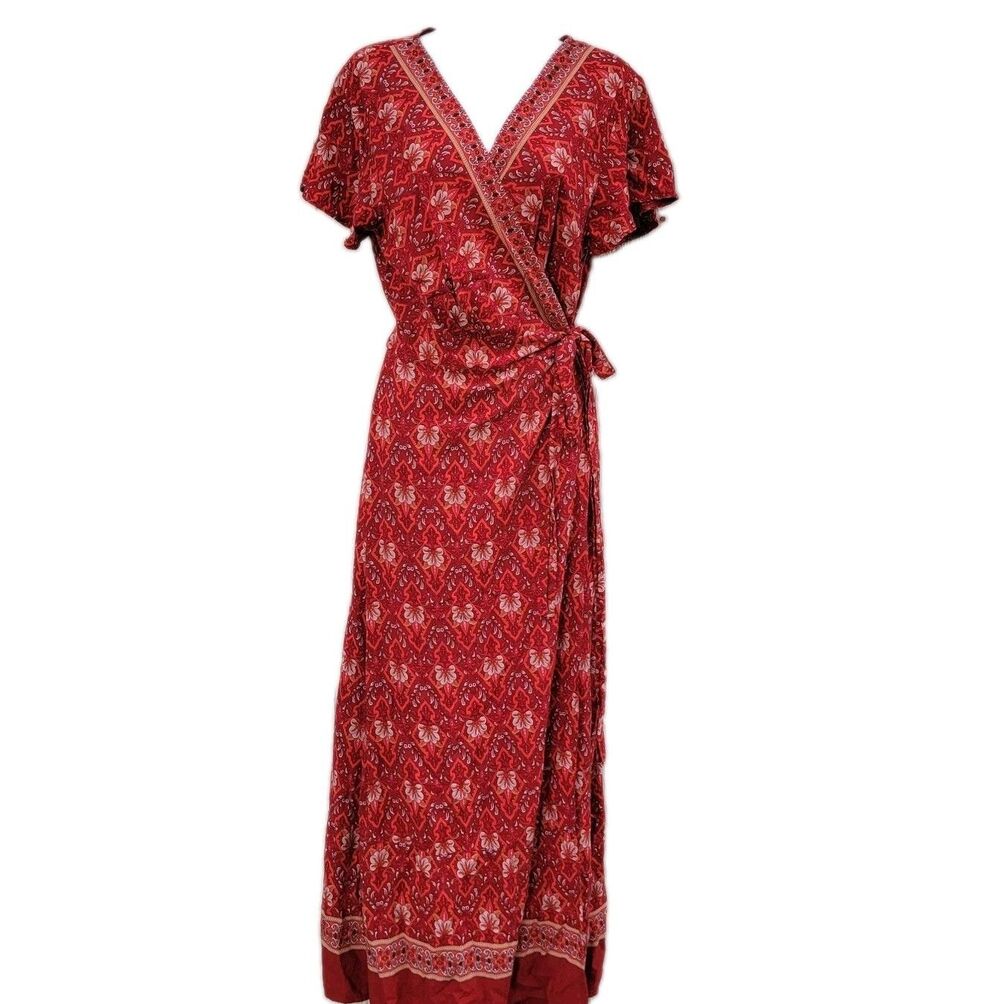 PrettyGarden Red Floral Maxi Wrap Dress Short Sleeve Sz XL Boho Peasant Festival